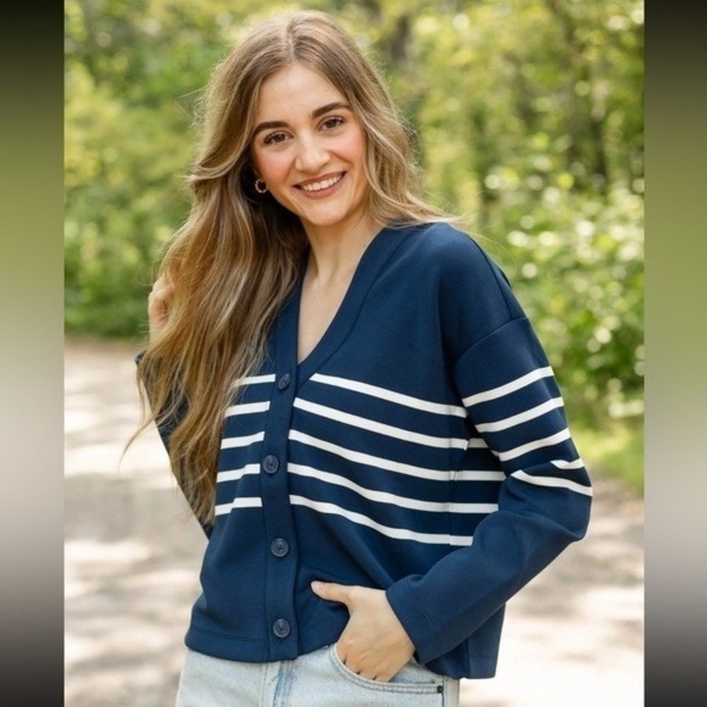 NWT SPANX AirEssentials Cardigan Navy Stripe Button Front Long Sleeve Size XS‎